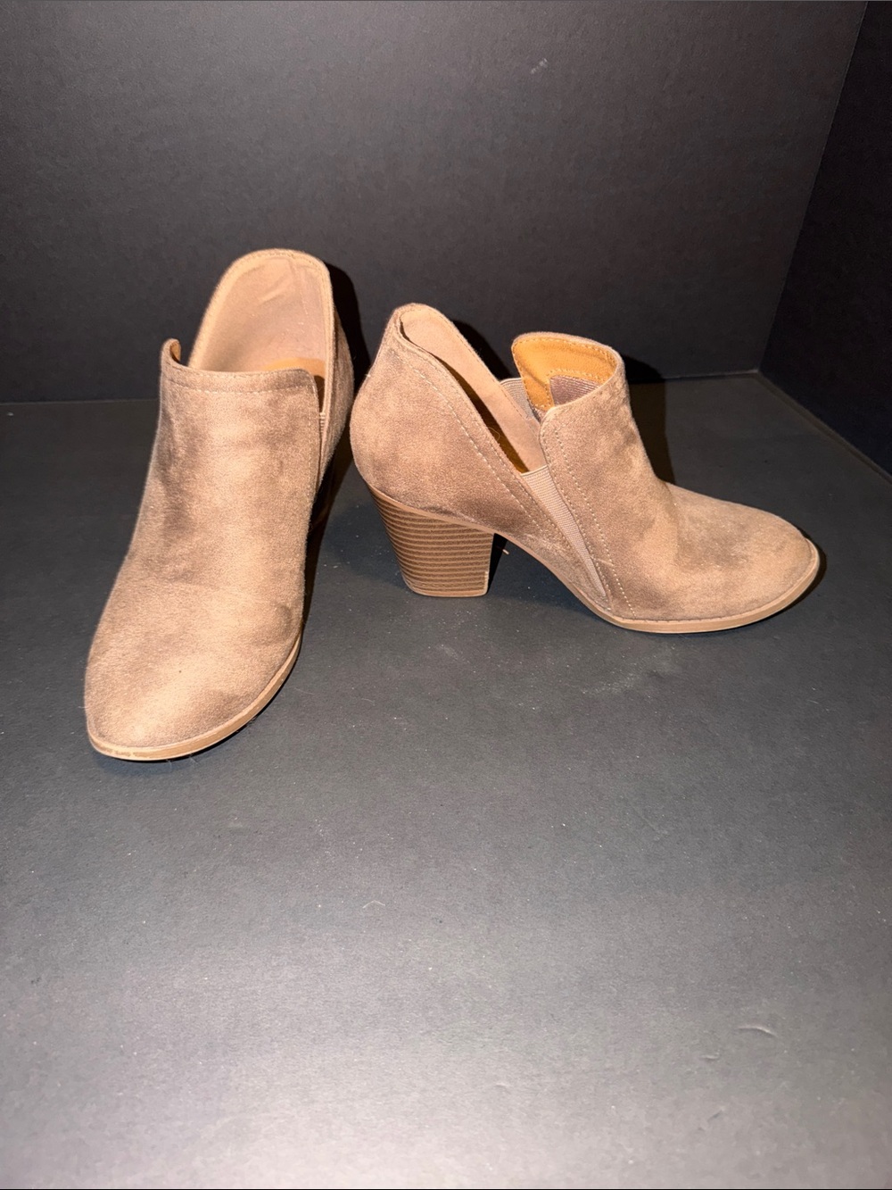 Women's Taupe Suede Ankle Booties - Classic Heeled Boot-Sz 6